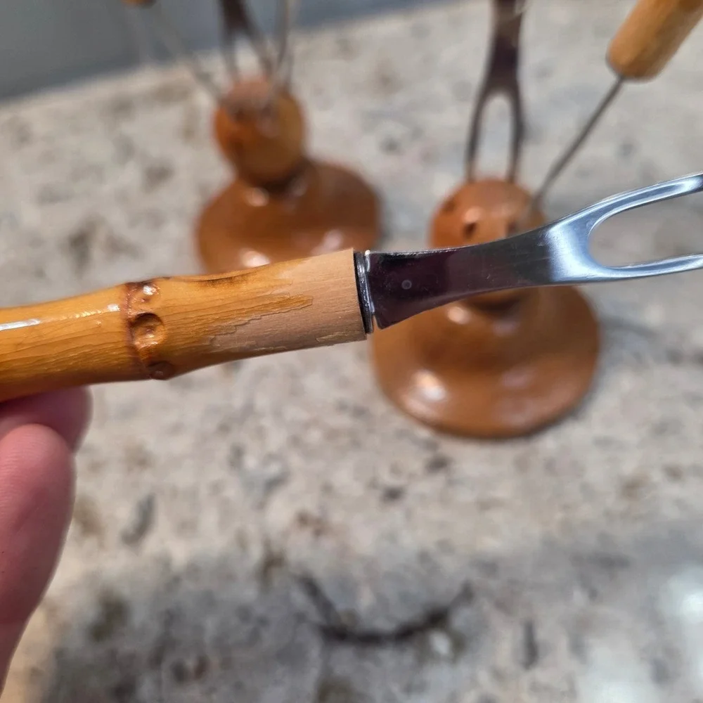 Vintage Heinz Reiffig Leipzig Bamboo Style Cocktail Pick Set Wood Base 6 Forks